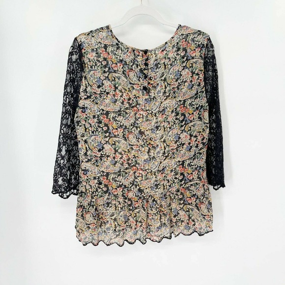 Topshop Lace Floral Paisley Blouse Top Sz 12 Multicolor Crewneck Long Sleeve - Picture 4 of 7